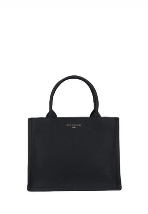 Borsa a tracolla nera con due manici corti, materiale sintetico testurizzato, logo dorato sul davanti, forma rettangolare strutturata.