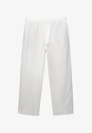 Weiße Leinenhose mit elastischem Bund und Kordelzug, weitem Bein-Design und sauberen Nähten. Glatte Textur mit lässiger Passform.