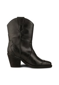 Stivali da cowboy in pelle nera con punta affilata, tacco impilato e motivo in crostaceo inciso sul lato. Texture liscia e design elegante.