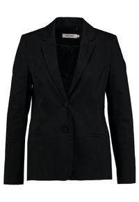 Blazer negro hecho de una tela suave, con solapas muesca, cierre de un botón y dos bolsillos frontales. Sin patrones visibles.