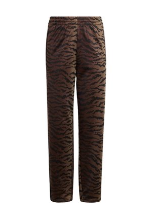 Hnědé tepláky s černým vzorem tygřích pruhů, elastickým pasem a zúženými nohavicemi. Měkká látka s hladkou texturou.