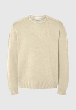 Pullover in maglia beige chiaro, con scollatura tonda, maniche lunghe, polsini e orlo a coste. Texture liscia con un motivo di spessore medio.