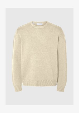 Heledbeez värvi kudum, ümmarguse kaelusega, pikkade varrukatega, ribaga mansetid ja alläär. Sile tekstuur keskmise paksusega mustriga.