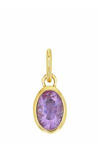 Ciondolo in oro con una pietra preziosa ovale di colore viola e sfaccettata. La pietra è incastonata all'interno di una montatura rotonda e liscia, con un semplice anello per il fissaggio.