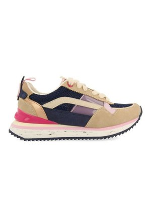 Zapatillas con una combinación de materiales en beige, marino y rosa. Presentan malla, ante, una suela en capas y una banda de rodadura texturizada. Incluyen cordones y un tirador en el talón.