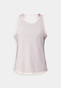 Jasnoróżowa bezrękawnikowa koszulka sportowa z siateczki z okrągłym dekoltem i subtelnym logo Nike na dolnym brzegu.