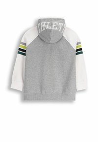 Szary hoodie z białym przodem, z logo na kapturze. Ma rękawy w pasy kolorystyczne w odcieniach zieleni, ciemnego niebieskiego i szarości.