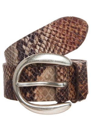 Brown snakeskin-patterned leather belt with a large silver oval buckle, rolled up on a white background.