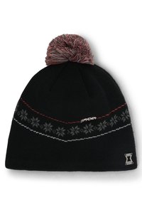 Bonnet en tricot noir avec un motif de flocons de neige rouge et gris et un pompon multicolore assorti sur le dessus. Présente une étiquette de logo en argent sur le côté.