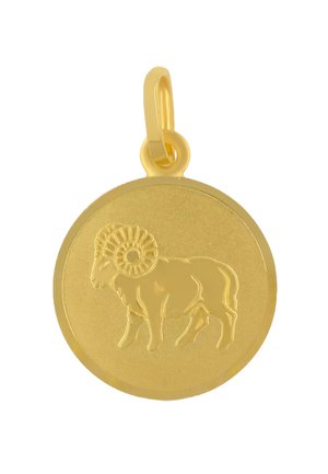 Ciondolo d'oro con design dettagliato di un ariete, forma circolare, texture liscia e piccolo anello per l'attacco.