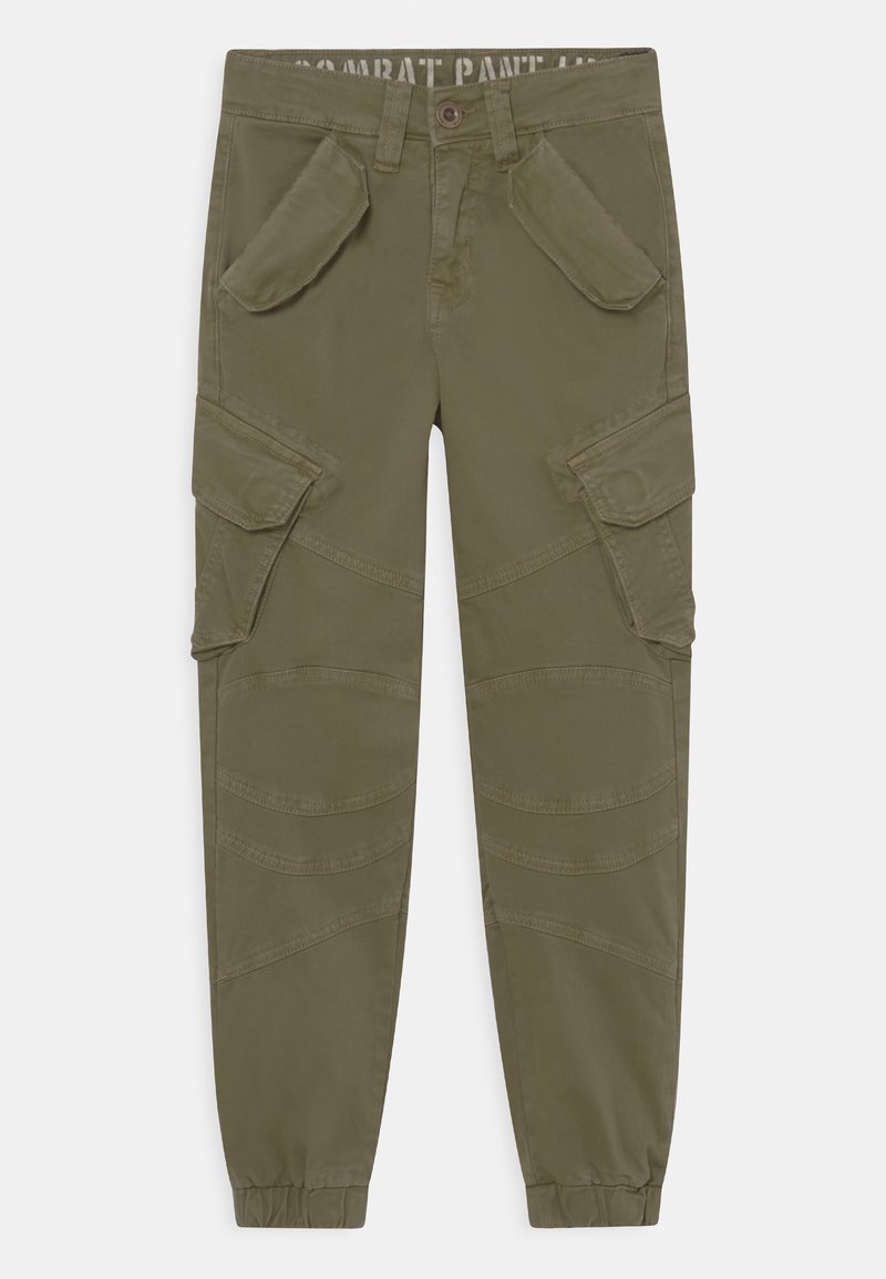 Calças cargo verde-oliva com múltiplos bolsos frontais e laterais, punhos elásticos e costura decorativa ao longo das pernas. Material de algodão.