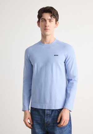 Ljusblå långärmad sweatshirt av mjukt tyg, med rund halsringning och en liten svart "BOSS"-logotyp på bröstet.