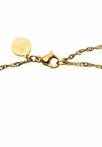 Goldkette mit gedrehtem Design, ausgestattet mit einem Karabinerverschluss und einem runden Anhänger, der das Wort "Reinheit" geprägt hat.