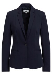 Laivastonsininen bleiseri, jossa on slim fit -leikkaus, notched-kaulukset, yksinäppäiminen suljenta ja kaksi etutaskua. Sileä kangaspinta.