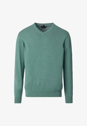 V-neck sweater made of soft, lightweight fabric in a muted green color. Features long sleeves and ribbed hem and cuffs for a fitted look.