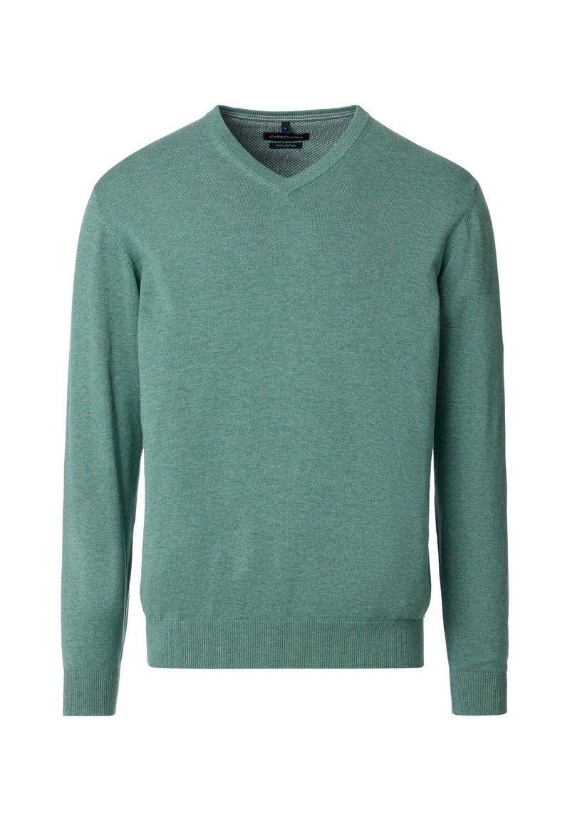 Sweter w serek wykonany z miękkiego, lekkiego materiału w stonowanym zielonym kolorze. Ma długie rękawy oraz prążkowany dół i mankiety dla dopasowanego wyglądu.