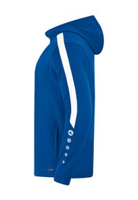 Kapuzensweatjacke in leuchtendem Blau mit weißen Seitenstreifen. Sie zeichnet sich durch eine glatte Textur, eine Fronttasche und runde Akzente am Ärmel aus.