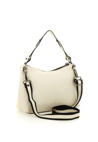 Borsa a tracolla in pelle bianca con superficie testurizzata, forma curva, dettagli neri, tracolla regolabile e chiusura con cerniera.