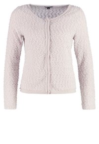 Cardigan beige clair texturé à manches longues avec encolure ronde et fermeture par boutons sur le devant, taille 36.
