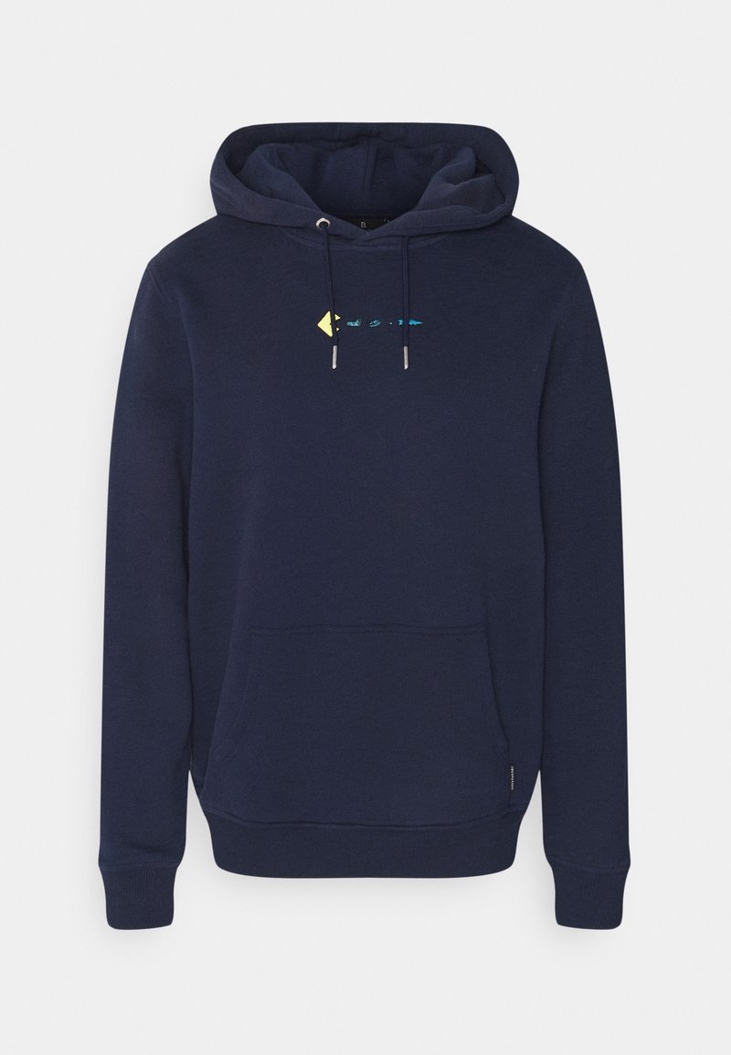 Sweat à capuche bleu marine avec poche kangourou devant et petit logo multicolore centré sous l'encolure.
