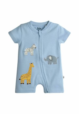 Jasnoniebieski dziecięcy kombinezon z krótkim rękawem, z zamkiem z przodu oraz wyszywanymi zebrą, słoniem i żyrafą na przodzie.