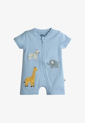Combinezon pentru bebeluși cu mânecă scurtă, de culoare albastru deschis, cu fermoar în față și imprimat cu zebră, elefant și girafă pe partea din față.