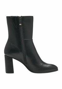 Bottine en cuir noir avec talon bloc, fermeture éclair latérale et bout légèrement pointu.