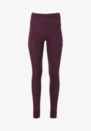 Leggings i en rig lilla farve, lavet af et blødt, tekstureret stof. De har en høj talje og en tætsiddende pasform.