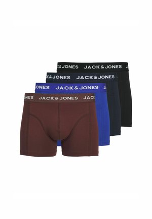 Quatre paires de boxers pour hommes en marron, bleu, noir et bleu foncé, avec une bande élastique douce arborant le logo "JACK & JONES".