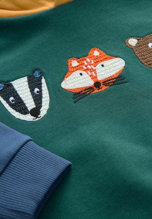 Green sweatshirt featuring embroidered animal faces: a badger, fox, and bear. Includes a blue ribbed cuff and a mustard inner lining.