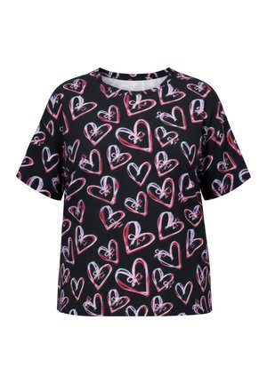 Černé tričko s krátkým rukávem s celoplošným vzorem růžových a bílých ručně kreslených srdcí.