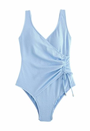 Svetlomodré jednodielne plavky s textúrovanou tkaninou, výstrihom do V a nastaviteľnou bočnou šnúrkou na vytváranie záhybov.