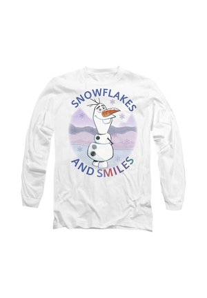 Long-sleeve white t-shirt featuring a cartoon character with a carrot nose, text "SNOWFLAKES AND SMILES," and multicolored accents.
