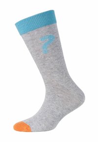 Graue Socke mit einem blauen gerippten Bündchen, orangefarbener Spitze und einem blauen Fragezeichen-Design. Aus einem strukturierten Material gefertigt, geeignet für legere Bekleidung.