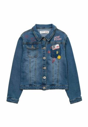 Veste en jean bleue avec boutons sur le devant, poches poitrine et écussons colorés incluant "Abbey Road", des étoiles, un smiley, et le texte "Oh Yeah !".