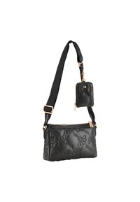 Borsa trapuntata nera con motivo floreale, tracolla regolabile e hardware color oro. Include una pochette abbinata attaccata con una zip.