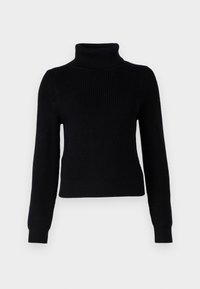 Schwarzer, gestrickter Rollkragenpullover mit langen Ärmeln, gerippter Textur und tailliertem Design. Verfügt über einen hohen Kragen sowie gerippte Bündchen und Saum.