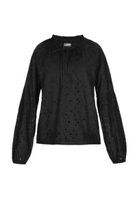 Blusa nera a maniche lunghe con scollo rotondo, laccio regolabile e motivo a occhiello per texture. Tessuto morbido e leggero con maniche arricciate.