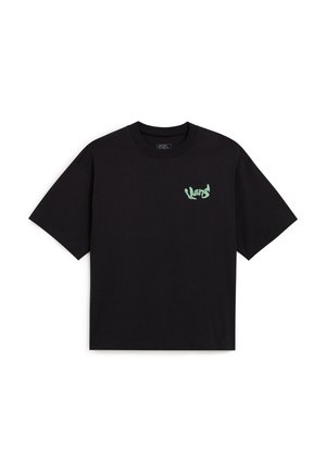 Schwarzes Baumwoll-T-Shirt mit kurzen Ärmeln. Mit einem grünen Logo auf der linken Brustseite. Klassisches Rundhals-Design.
