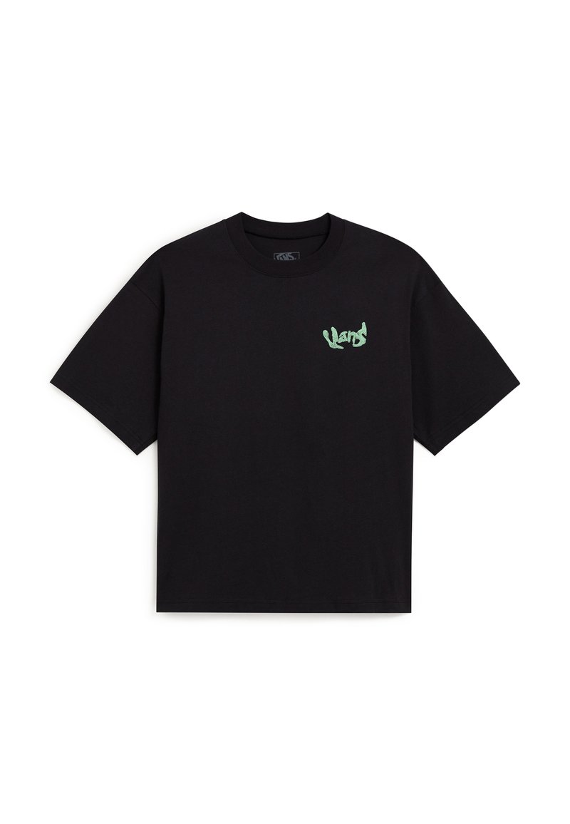 Camiseta de algodón negra de manga corta. Presenta un logo verde en la parte izquierda del pecho. Diseño clásico de cuello redondo.