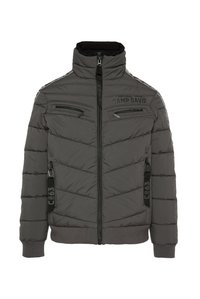 Dark gray quilted puffer jacket with high collar, front zipper, zippered chest and side pockets, and "Camp David" text on chest.