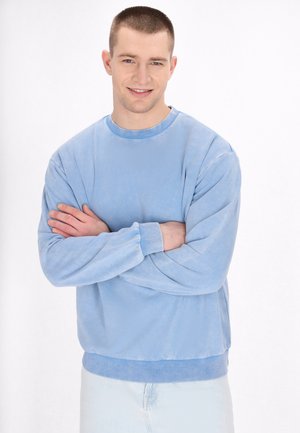 Lyseblå crewneck sweatshirts lavet af blød stof, med ribbede manchetter og kant, i en afslappet pasform og glat tekstur.