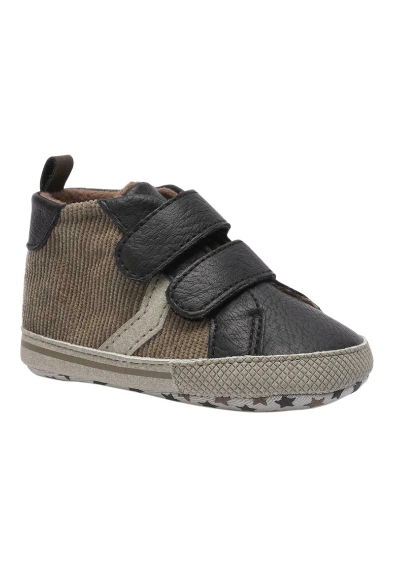 Bruine corduroy hoge schoenen met zwarte leren accenten, klittenbandsluitingen en een gemusterde rubberen zool met sterren.