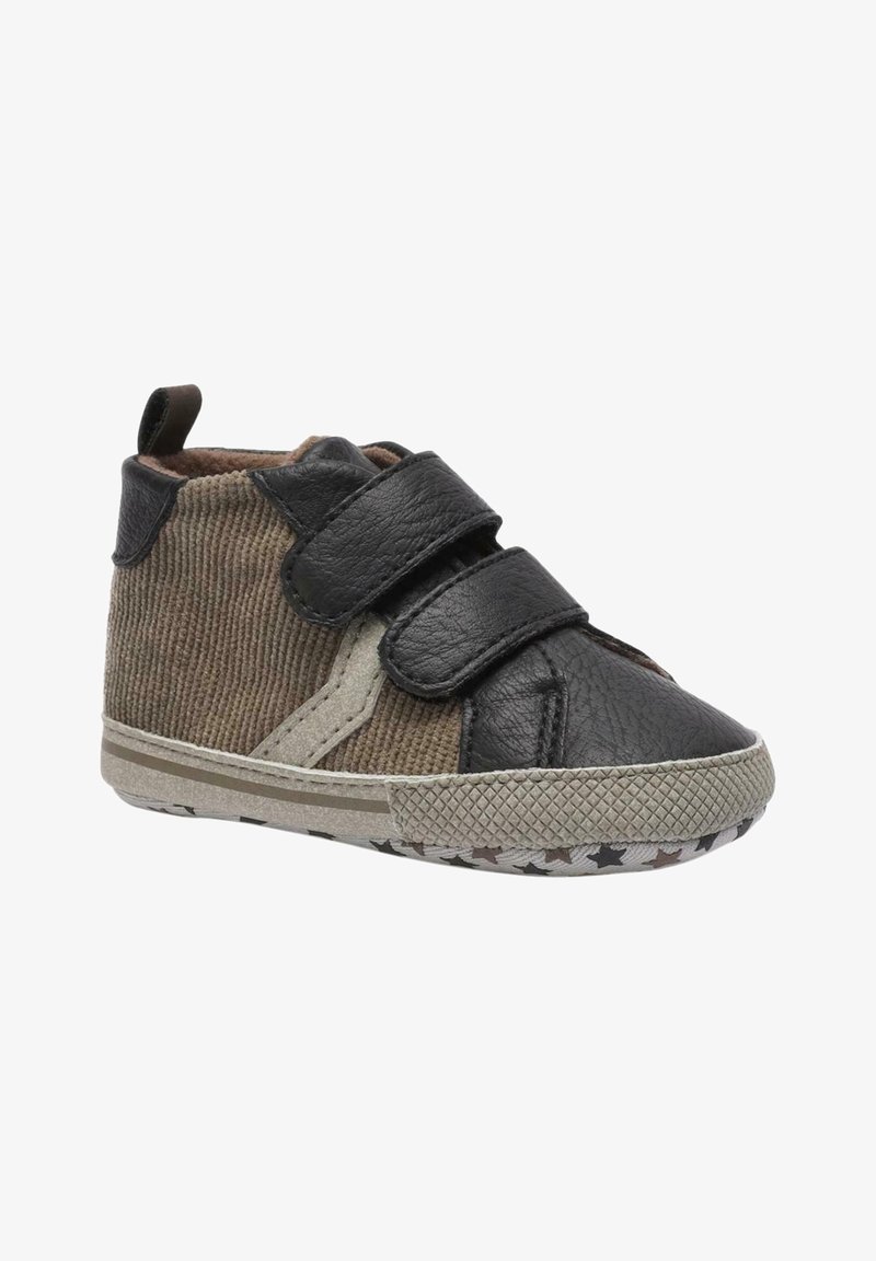 Bruine corduroy hoge schoenen met zwarte leren accenten, klittenbandsluitingen en een gemusterde rubberen zool met sterren.