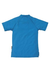 Short-sleeve polo shirt in solid blue, featuring a slightly textured fabric, a pointed collar, and side slits at the hem.