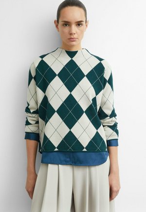 Femme aux cheveux foncés portant un pull à losanges vert et blanc sur une chemise bleue, avec un pantalon plissé beige clair, debout devant un fond blanc uni.