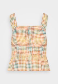 Rutig kort topp i orange, gult, grönt och brunt. Har smockad byst och breda band, utsvängd nederkant.