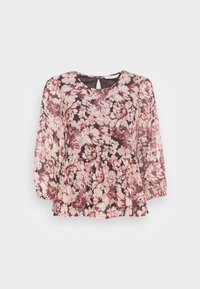 Blusa a maniche lunghe di colore rosa e bordeaux con scollatura rotonda, apertura a chiave sulla schiena e orlo a peplo su sfondo chiaro.