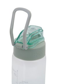 Clear water bottle with a frosted finish, light green cap and handle, and measurement markings. Textured grip area and hinged lid.