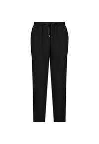 Pantaloni neri a sigaretta realizzati in tessuto leggero, con vita elastica e coulisse, e dettagli in metallo dorato. Nessuna tasca visibile.